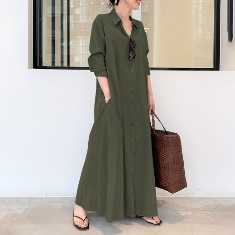 Women's Cotton Linen Solid Color Lapel Long Sleeve Loose Casual Shirt Dress - Picture 23 of 23