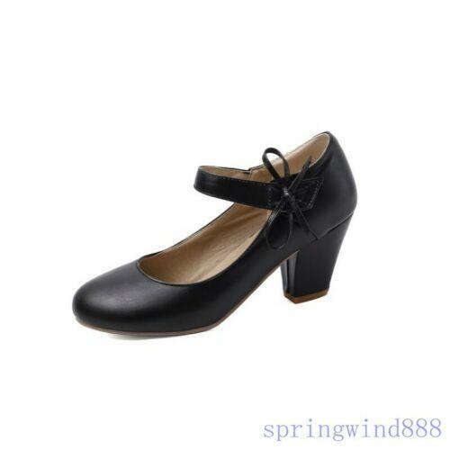 Women's Mary Jane Round Toe Courts Ankle Strap Mid Heel Office OL Shoes Pumps - Picture 14 of 19