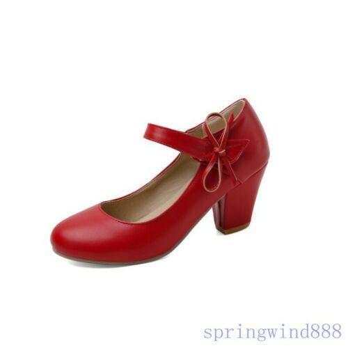 Women's Mary Jane Round Toe Courts Ankle Strap Mid Heel Office OL Shoes Pumps - Picture 15 of 19