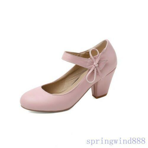 Women's Mary Jane Round Toe Courts Ankle Strap Mid Heel Office OL Shoes Pumps - Picture 16 of 19