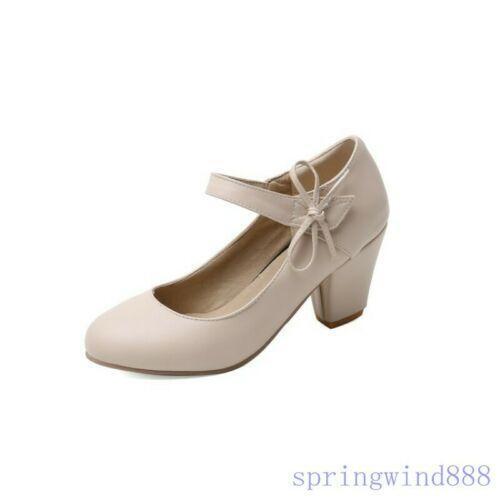 Women's Mary Jane Round Toe Courts Ankle Strap Mid Heel Office OL Shoes Pumps - Picture 17 of 19
