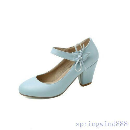 Women's Mary Jane Round Toe Courts Ankle Strap Mid Heel Office OL Shoes Pumps - Picture 18 of 19