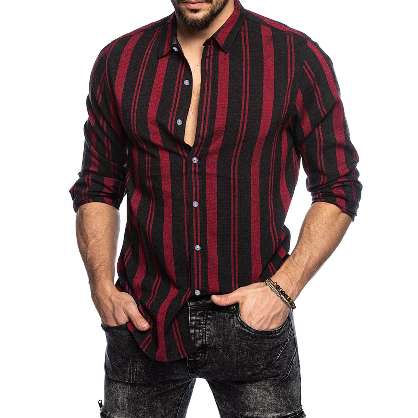 Men Button Down Shirt Casual Slim Striped Print Long Sleeve Casual Fashion Tops - Picture 14 of 14