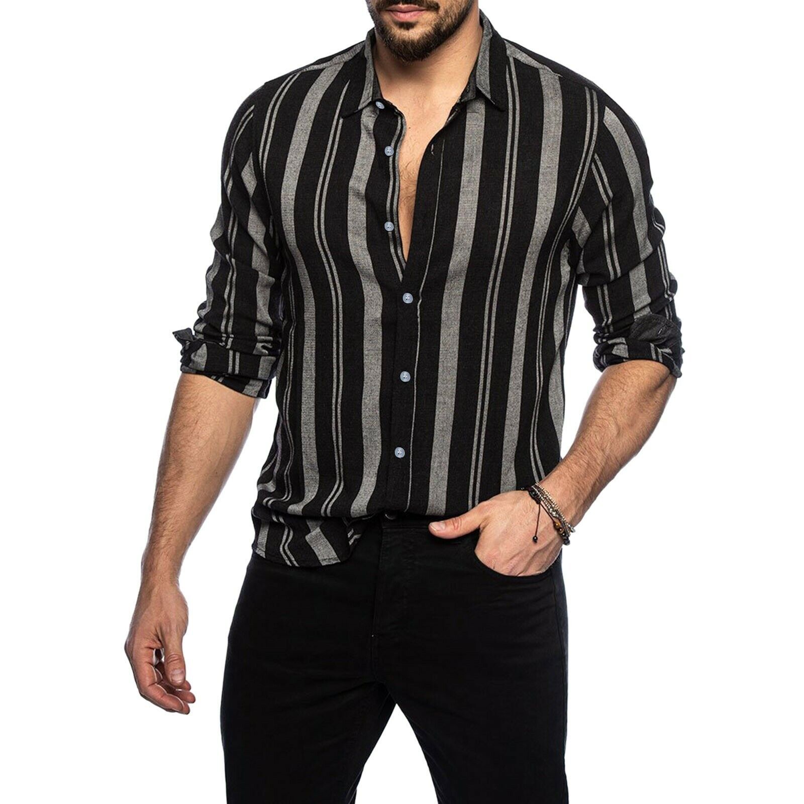 Men Button Down Shirt Casual Slim Striped Print Long Sleeve Casual Fashion Tops - Picture 13 of 14