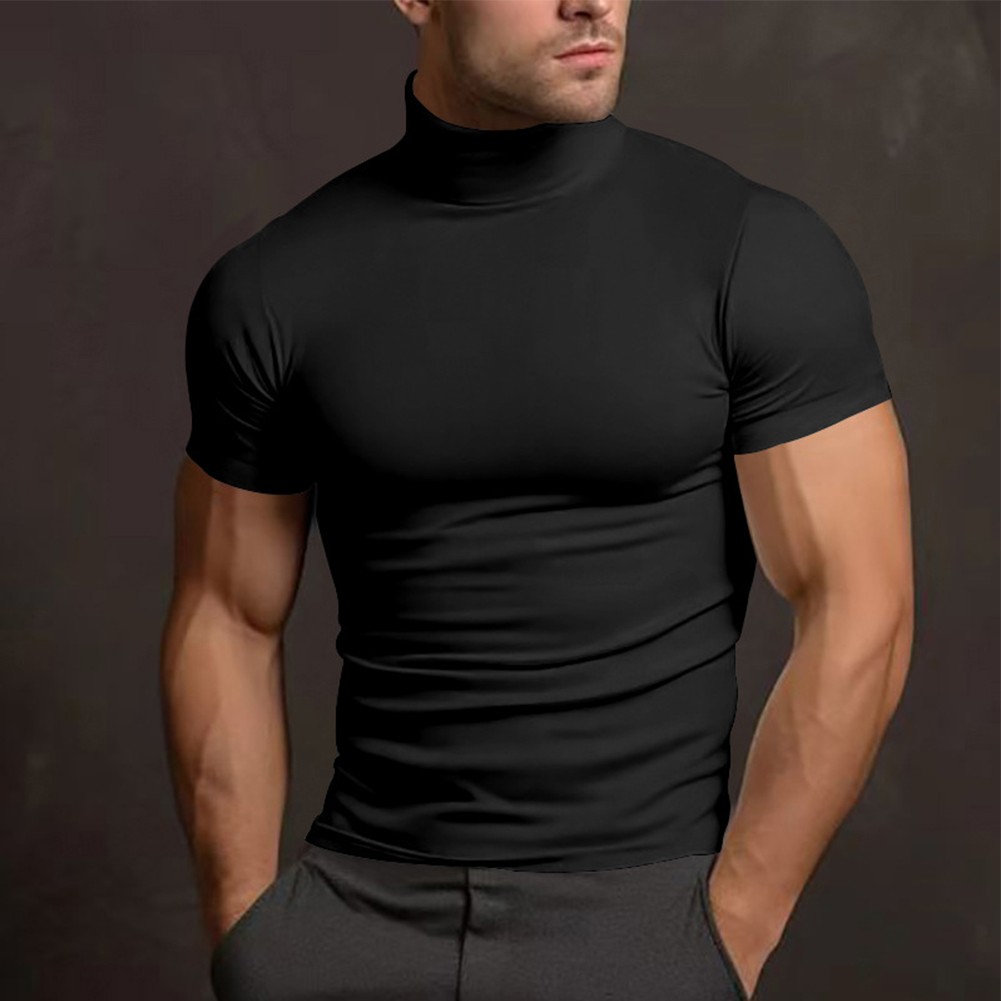 Summer Solid Color Short Sleeve Fashion Base Shirt Mens Tight Turtleneck T-Shirt - Picture 33 of 72