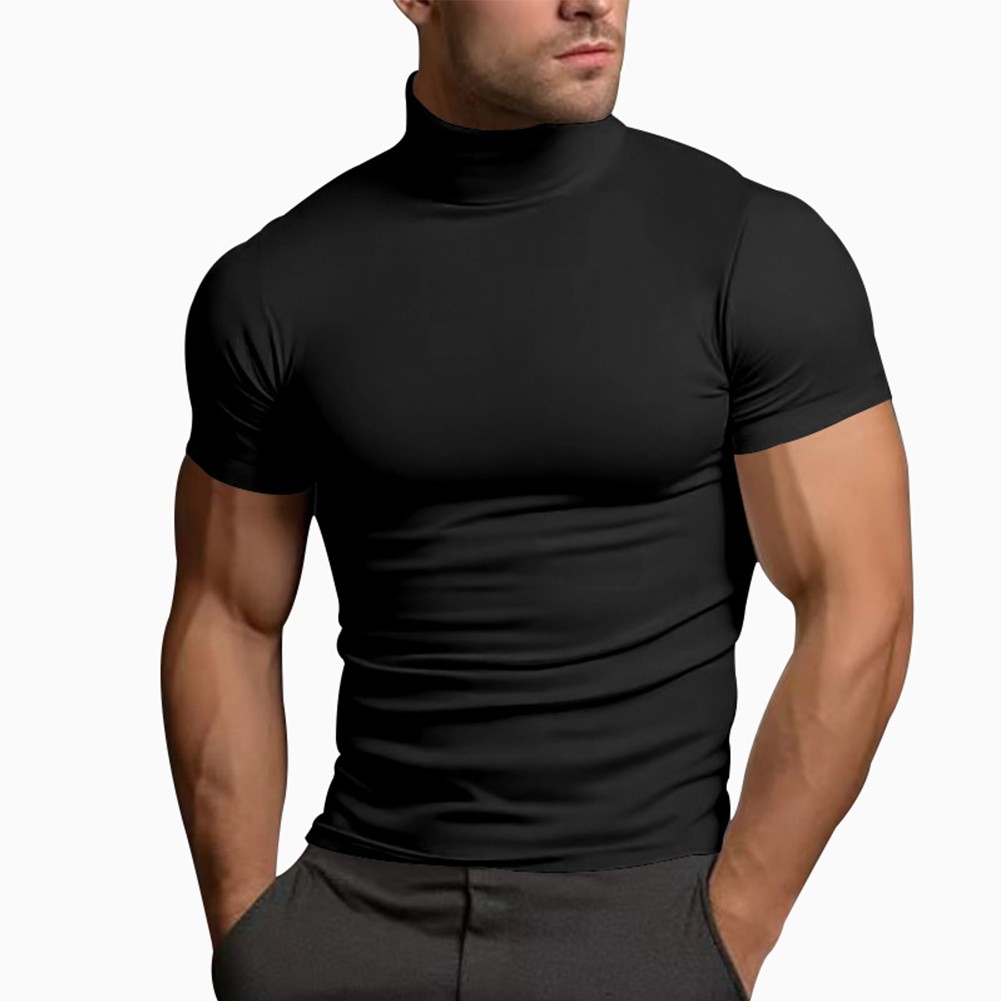 Summer Solid Color Short Sleeve Fashion Base Shirt Mens Tight Turtleneck T-Shirt - Picture 34 of 72