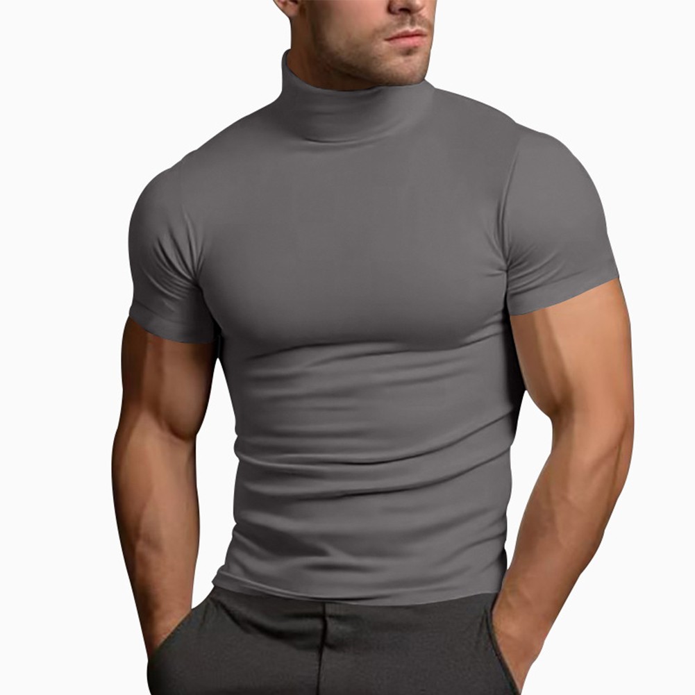 Summer Solid Color Short Sleeve Fashion Base Shirt Mens Tight Turtleneck T-Shirt - Picture 50 of 72