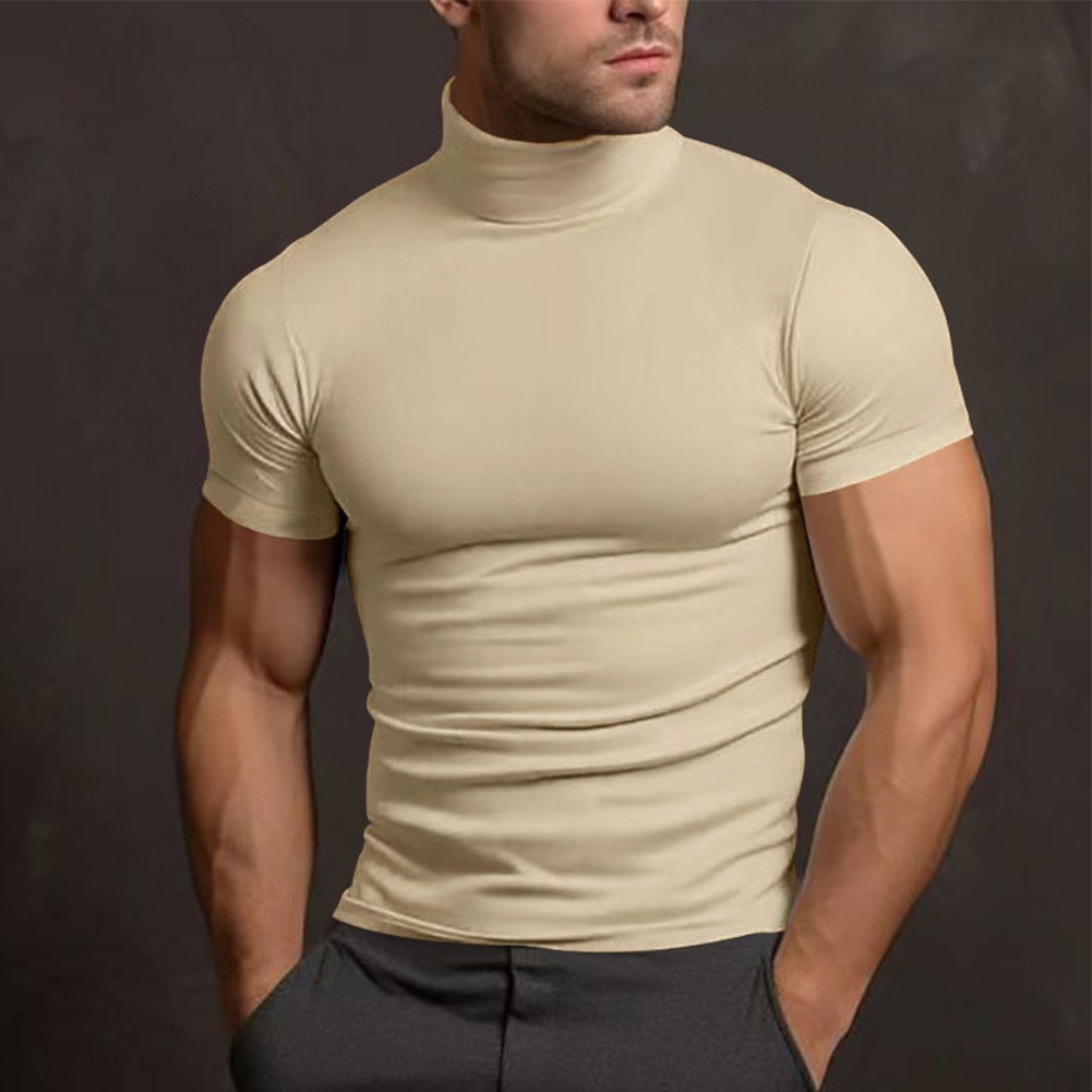 Summer Solid Color Short Sleeve Fashion Base Shirt Mens Tight Turtleneck T-Shirt - Picture 57 of 72