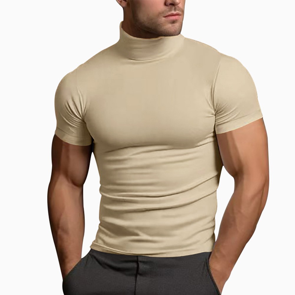 Summer Solid Color Short Sleeve Fashion Base Shirt Mens Tight Turtleneck T-Shirt - Picture 58 of 72