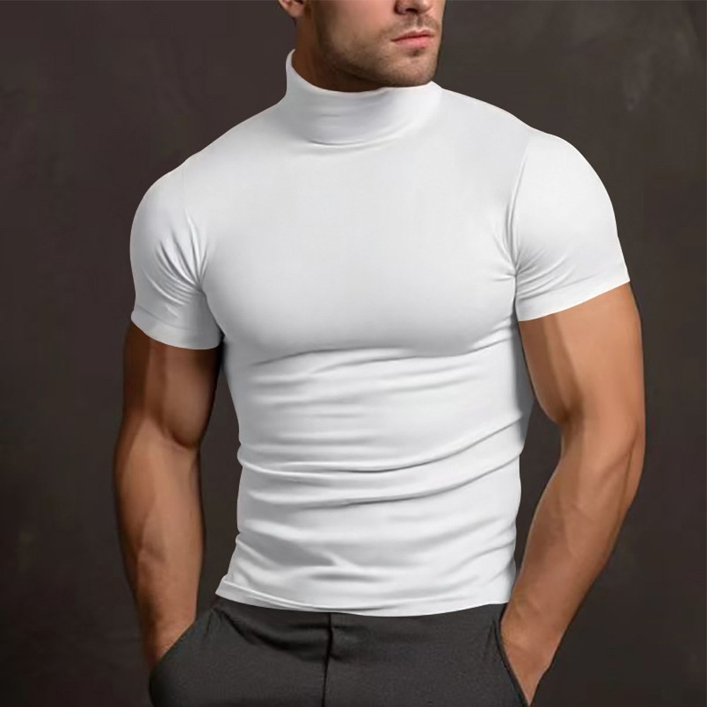 Summer Solid Color Short Sleeve Fashion Base Shirt Mens Tight Turtleneck T-Shirt - Picture 25 of 72