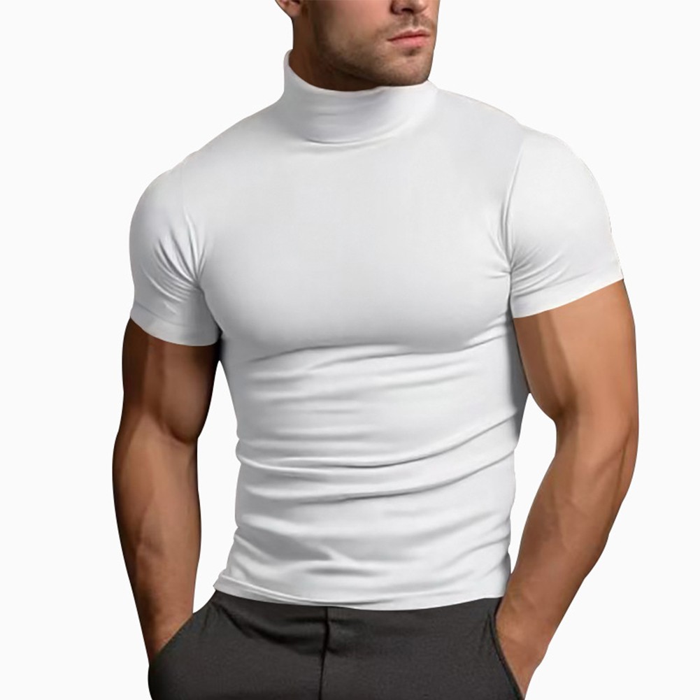 Summer Solid Color Short Sleeve Fashion Base Shirt Mens Tight Turtleneck T-Shirt - Picture 26 of 72