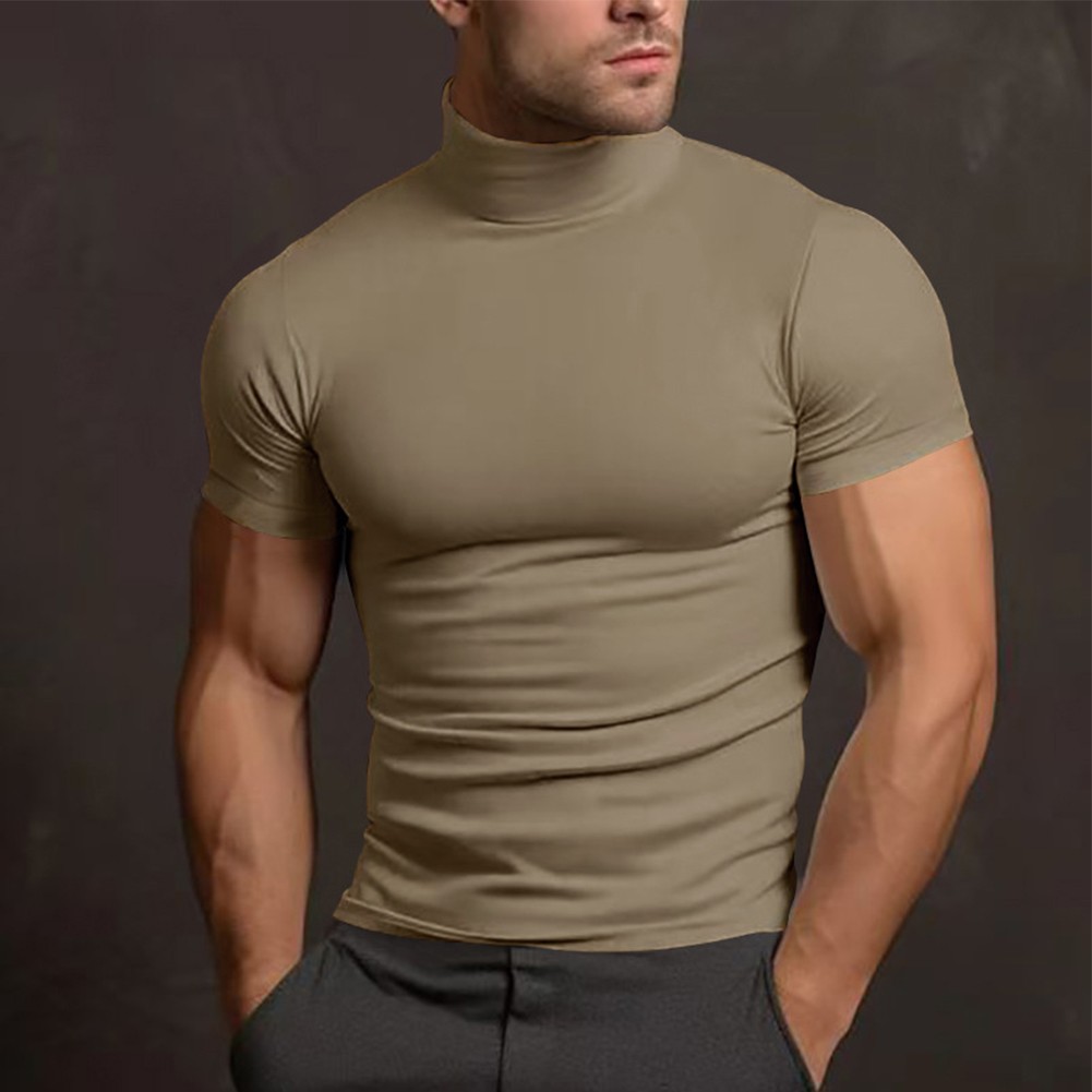 Summer Solid Color Short Sleeve Fashion Base Shirt Mens Tight Turtleneck T-Shirt - Picture 41 of 72