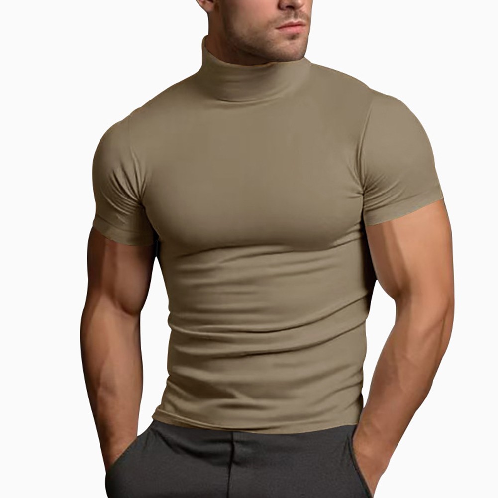 Summer Solid Color Short Sleeve Fashion Base Shirt Mens Tight Turtleneck T-Shirt - Picture 42 of 72