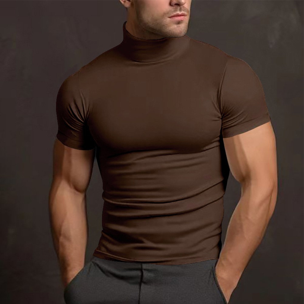 Summer Solid Color Short Sleeve Fashion Base Shirt Mens Tight Turtleneck T-Shirt - Picture 65 of 72