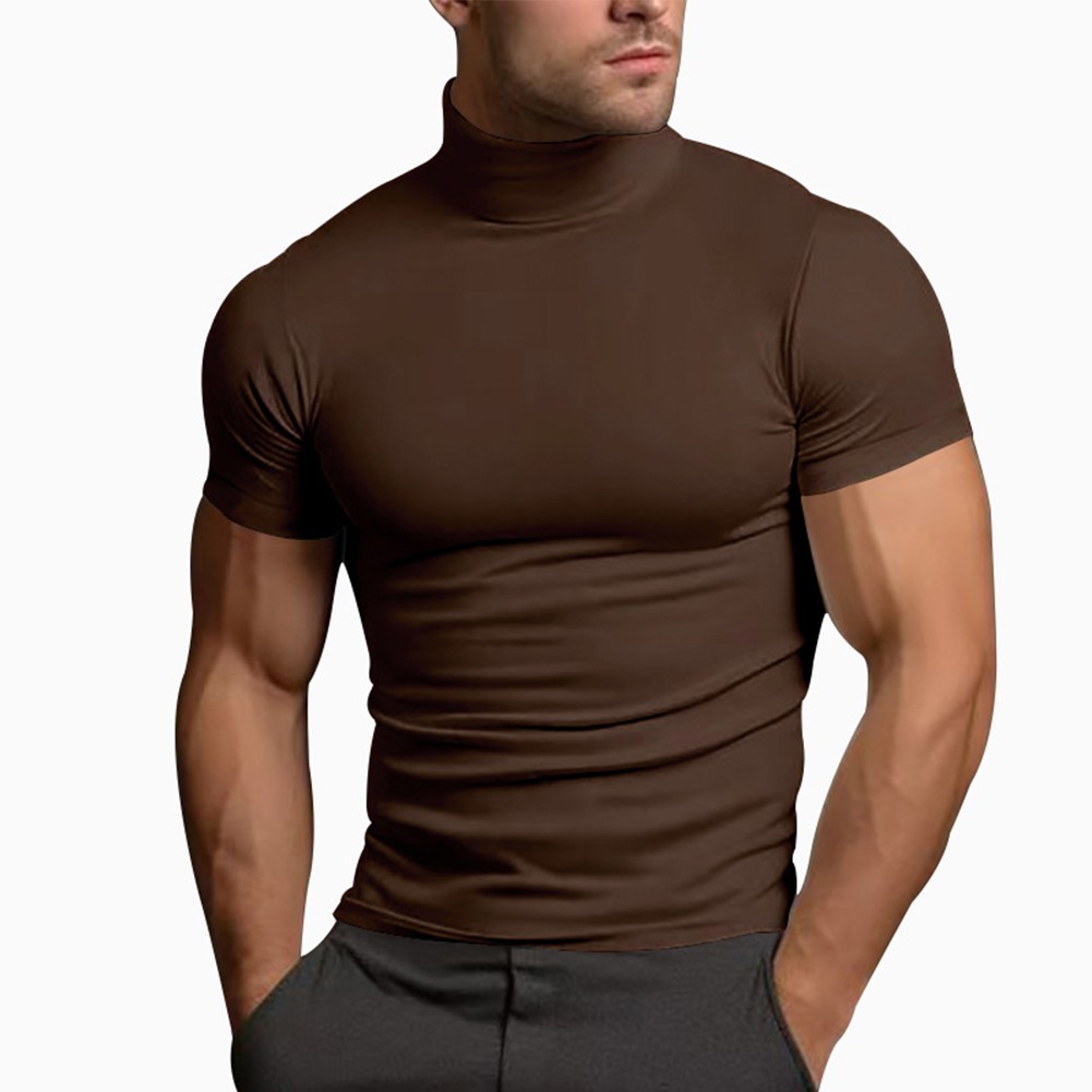 Summer Solid Color Short Sleeve Fashion Base Shirt Mens Tight Turtleneck T-Shirt - Picture 66 of 72
