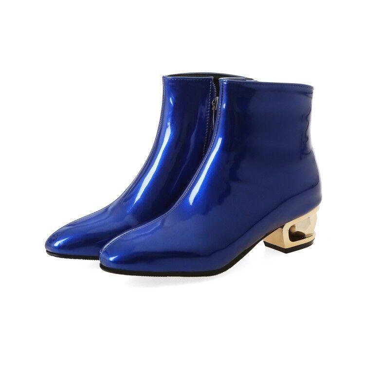 Botas Chelsea de charol para mujer al tobillo punta cuadrada tacones en bloque elegantes zapatos con cremallera - Imagen 15 de 16