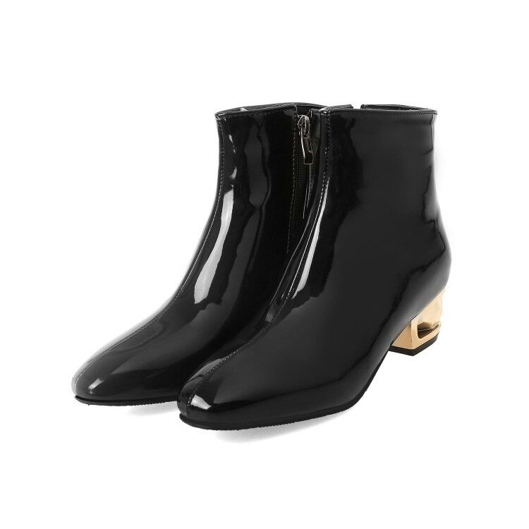 Botas Chelsea de charol para mujer al tobillo punta cuadrada tacones en bloque elegantes zapatos con cremallera - Imagen 14 de 16