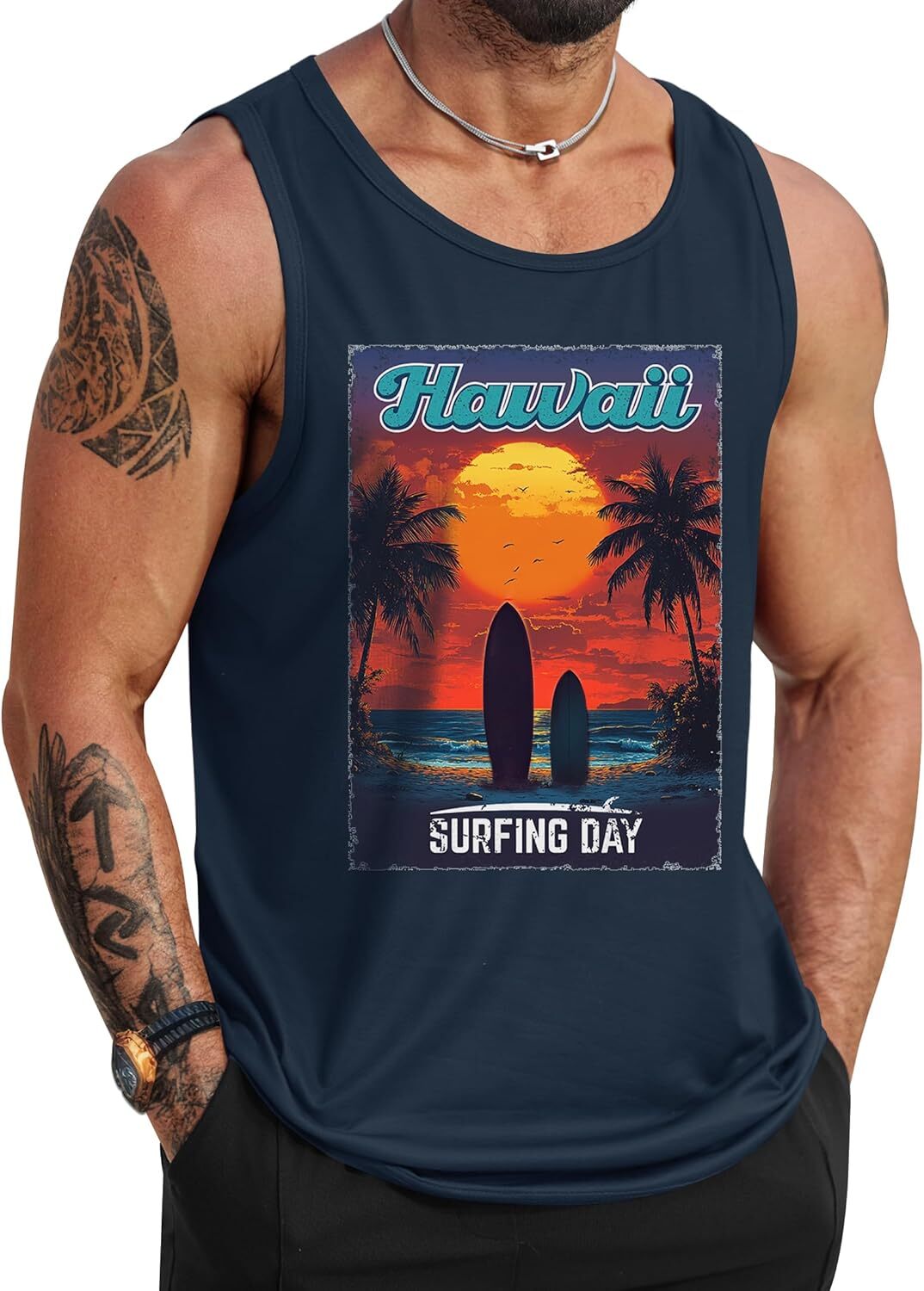 Mens Summer Tank Top Hawaiian Graphic Sleeveless Muscle Shirt for Beach Vacation - Picture 19 of 27