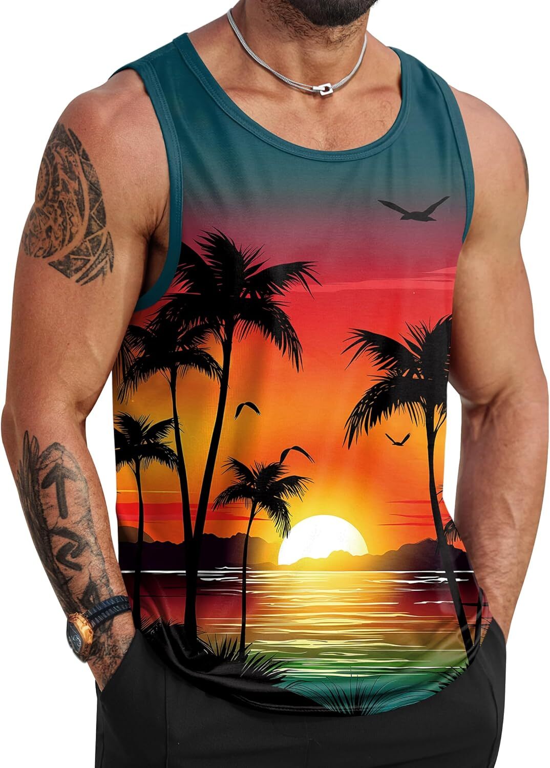 Mens Summer Tank Top Hawaiian Graphic Sleeveless Muscle Shirt for Beach Vacation - Picture 20 of 27