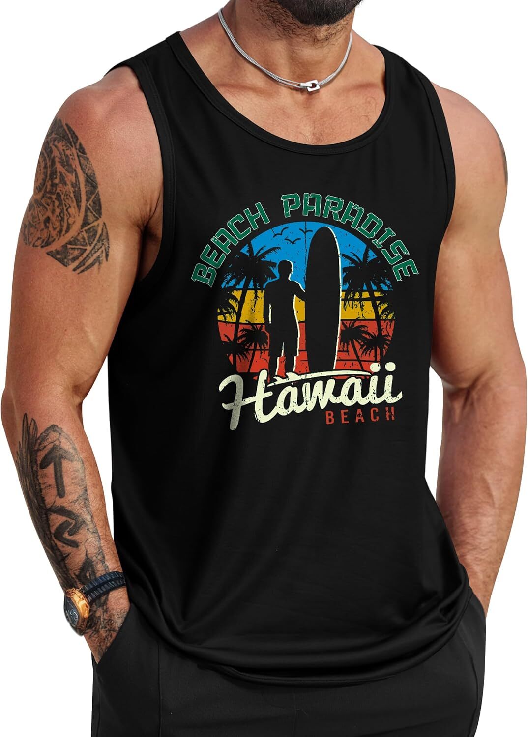 Mens Summer Tank Top Hawaiian Graphic Sleeveless Muscle Shirt for Beach Vacation - Picture 22 of 27