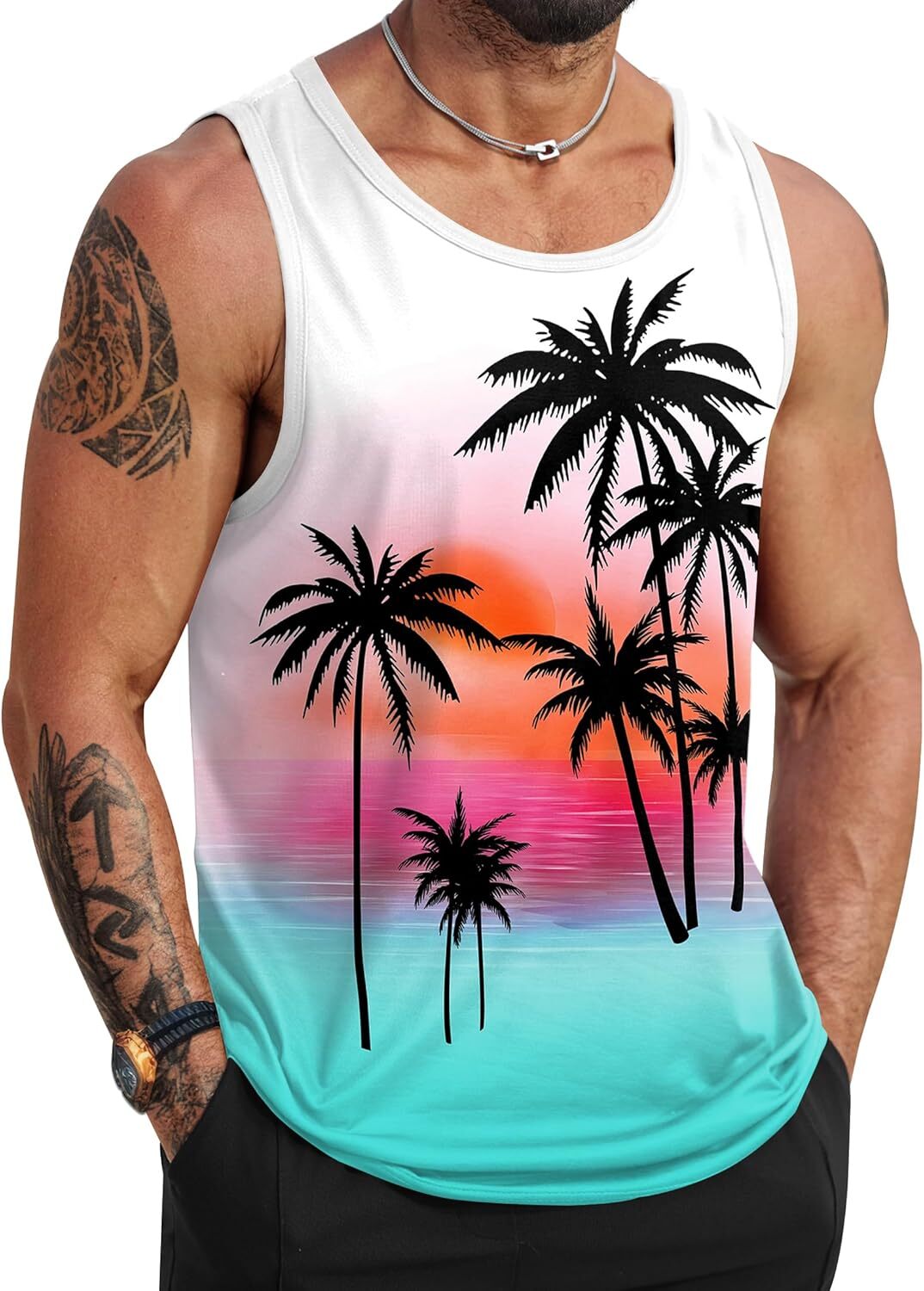 Mens Summer Tank Top Hawaiian Graphic Sleeveless Muscle Shirt for Beach Vacation - Picture 24 of 27