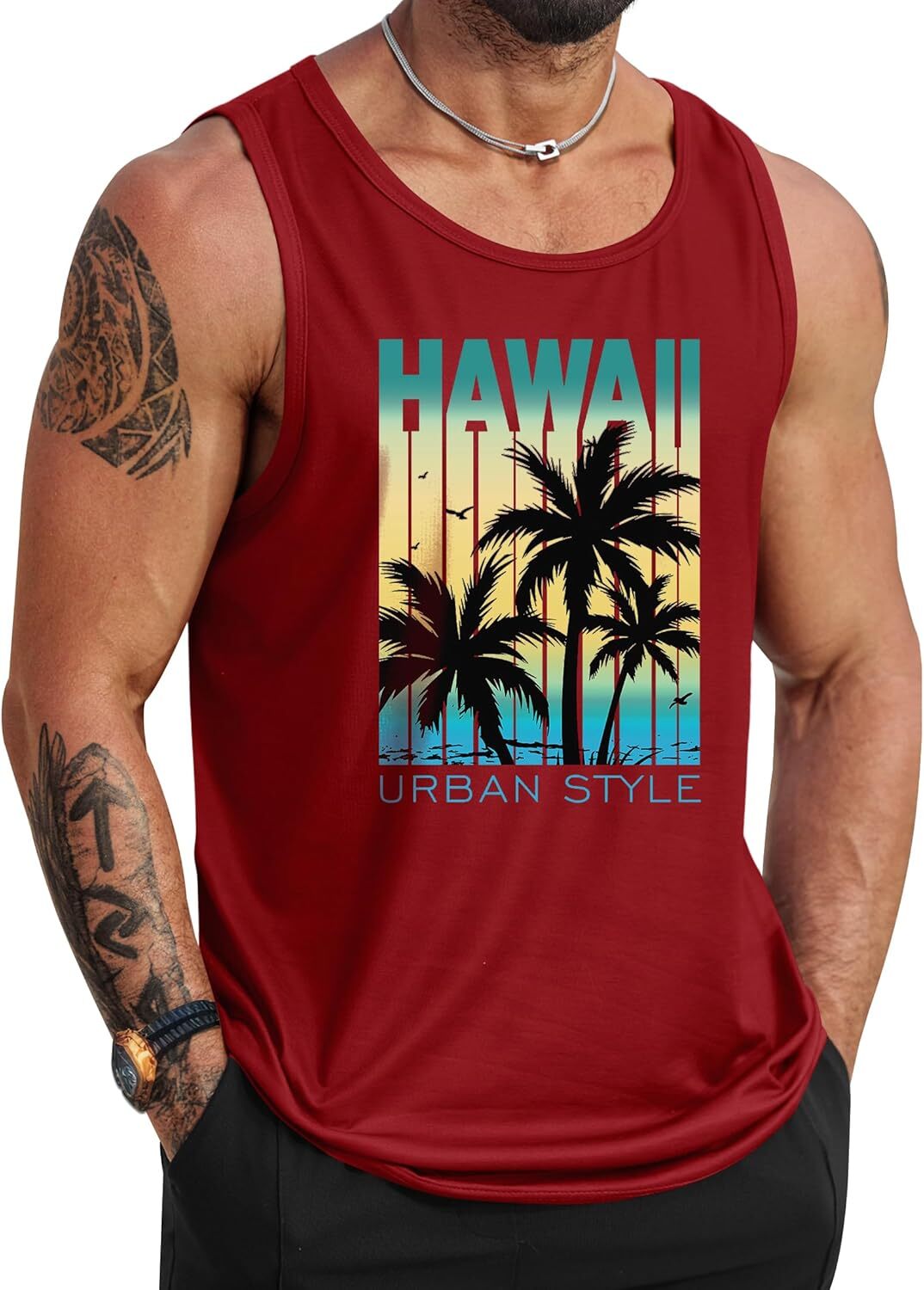 Mens Summer Tank Top Hawaiian Graphic Sleeveless Muscle Shirt for Beach Vacation - Picture 26 of 27