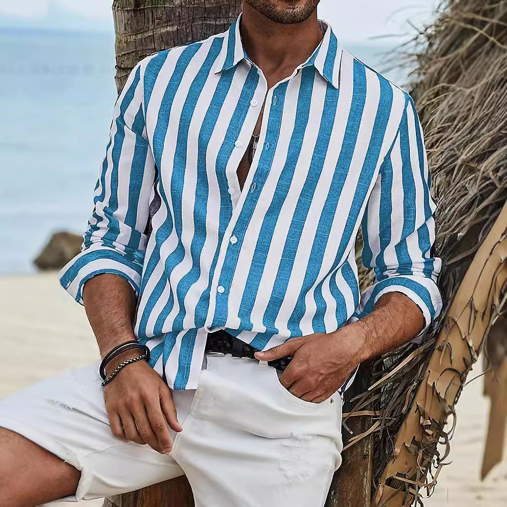 Mens Spring Autumn Top Daily Casual Cotton Linen Striped Beach Long Sleeve Shirt - Picture 21 of 26
