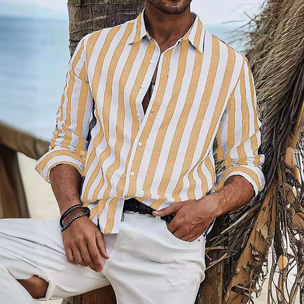 Mens Spring Autumn Top Daily Casual Cotton Linen Striped Beach Long Sleeve Shirt - Picture 19 of 26