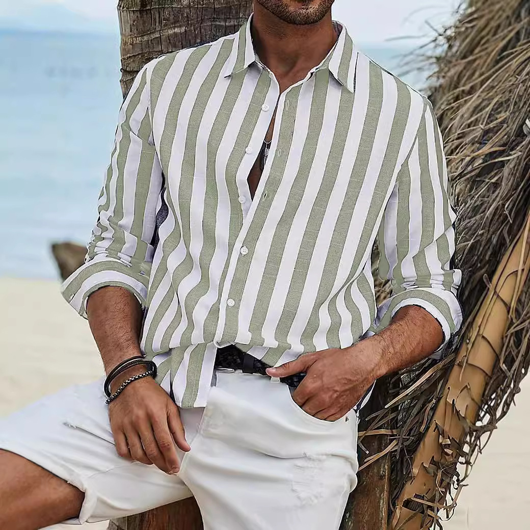 Mens Spring Autumn Top Daily Casual Cotton Linen Striped Beach Long Sleeve Shirt - Picture 20 of 26
