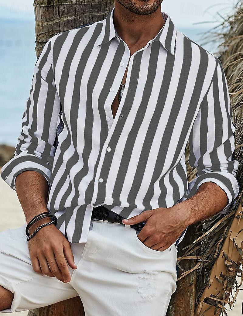 Mens Spring Autumn Top Daily Casual Cotton Linen Striped Beach Long Sleeve Shirt - Picture 24 of 26