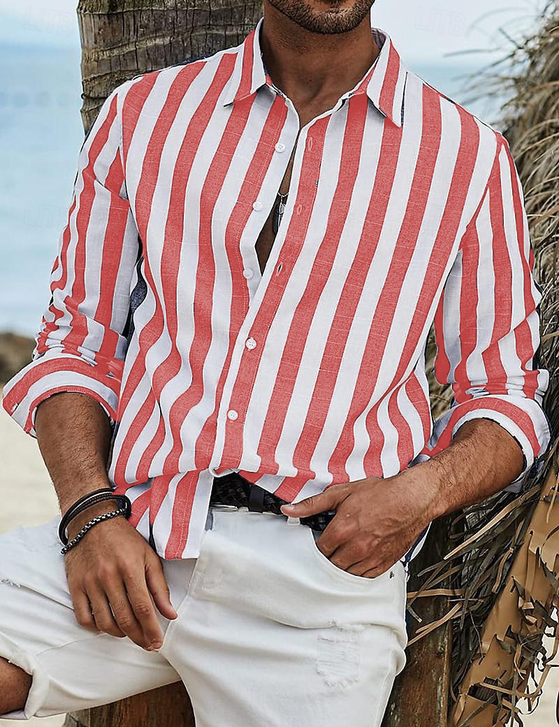 Mens Spring Autumn Top Daily Casual Cotton Linen Striped Beach Long Sleeve Shirt - Picture 25 of 26