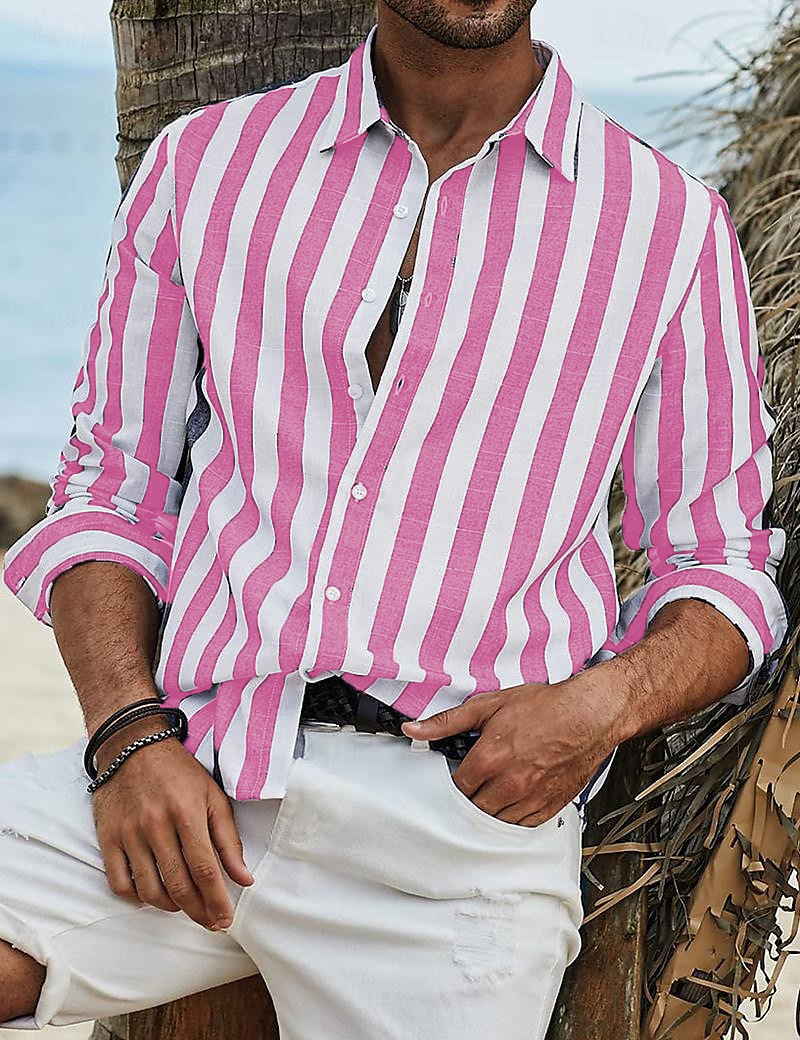 Mens Spring Autumn Top Daily Casual Cotton Linen Striped Beach Long Sleeve Shirt - Picture 26 of 26