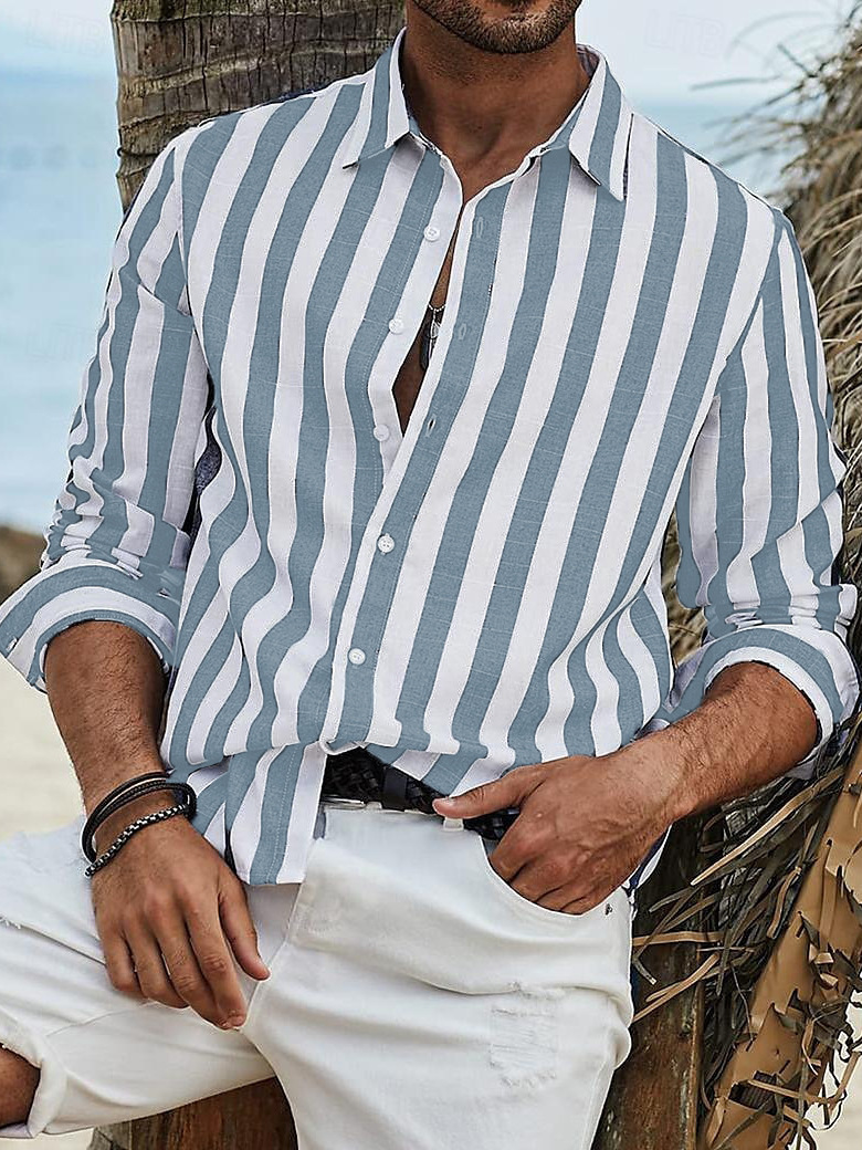 Mens Spring Autumn Top Daily Casual Cotton Linen Striped Beach Long Sleeve Shirt - Picture 22 of 26