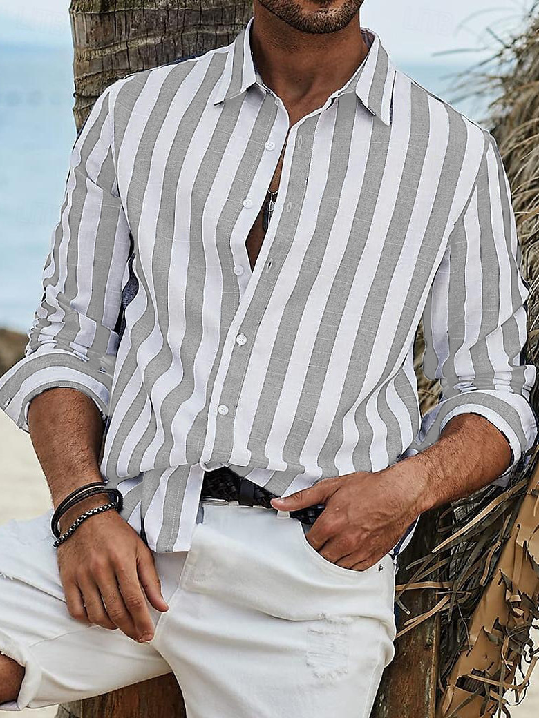 Mens Spring Autumn Top Daily Casual Cotton Linen Striped Beach Long Sleeve Shirt - Picture 23 of 26