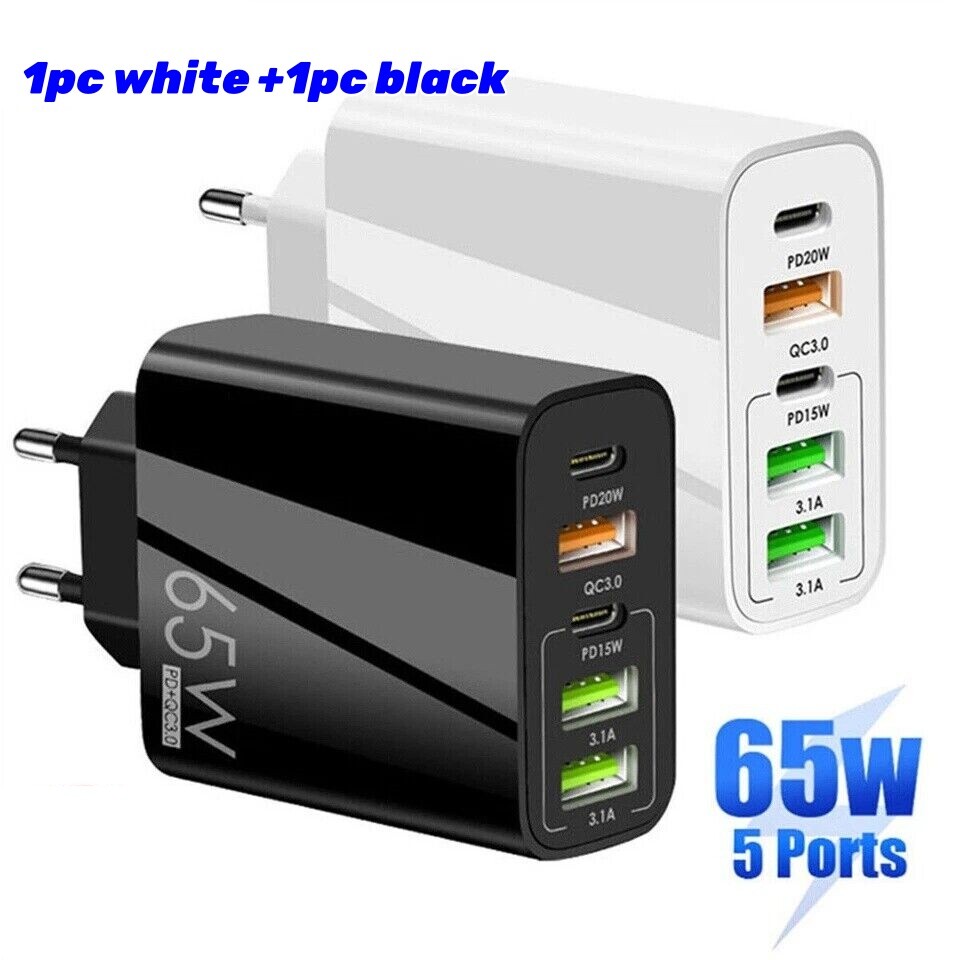65W Quick Charger UK Plug Fast Wall Charger Power Adapter 5 Port USB-C PD Type C