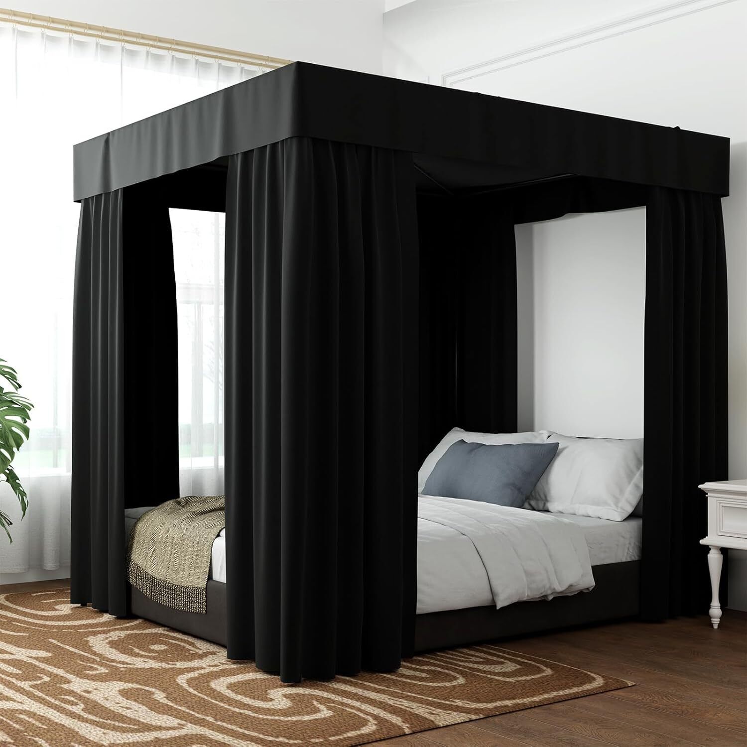 Black Queen Canopy Bed Curtains Lightproof 4 Corner Post Drapes Breathable Easy