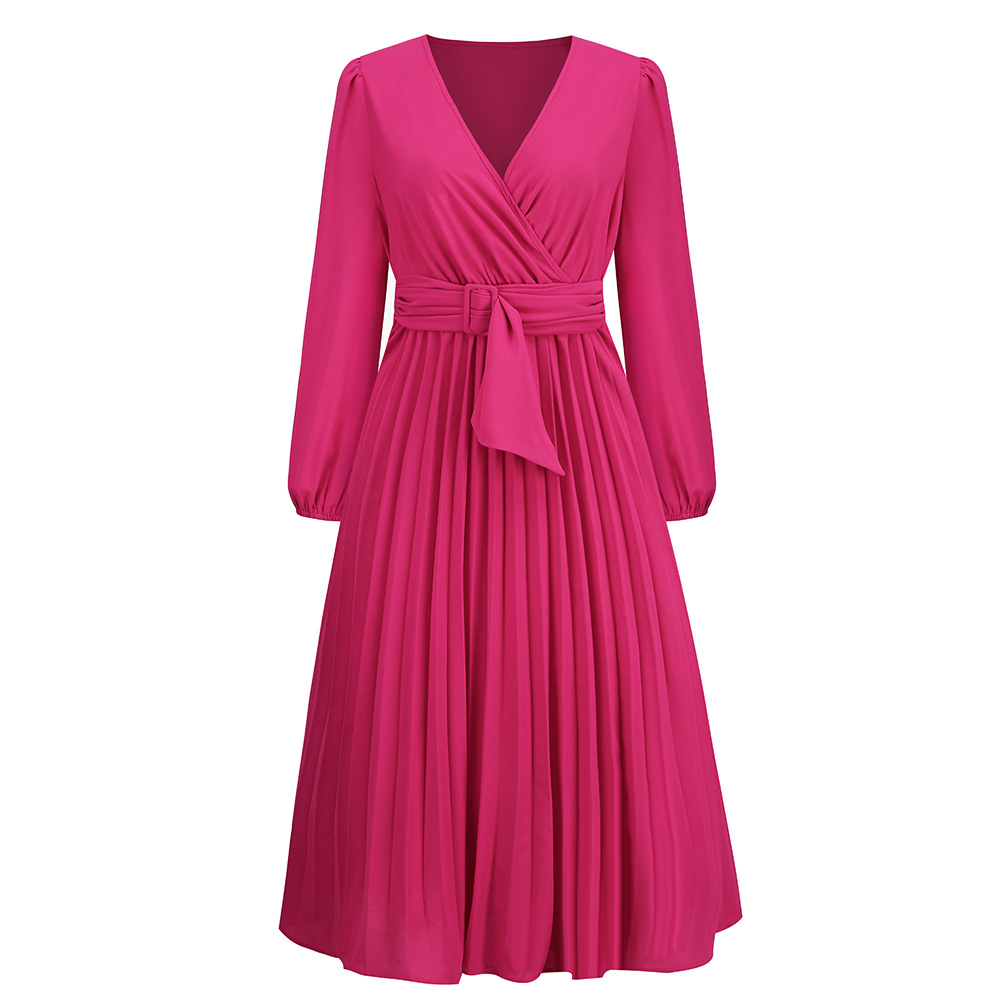 Long Sleeved Slim Fit Pleated Women's Maxi V-neck Shirt Dress A-line Belt Skirt