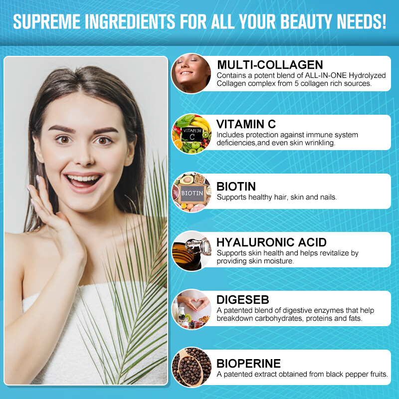 Collagen Peptides Types I, II, III, V, X Plus Vitamin C, Skin Hair Nails Support - Picture 13 of 16