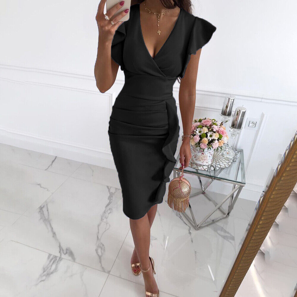 Women's V Neck Bodycon Dress Sexy Sleeveless Midi Ruffle Cocktail Evening Party - Picture 25 of 30