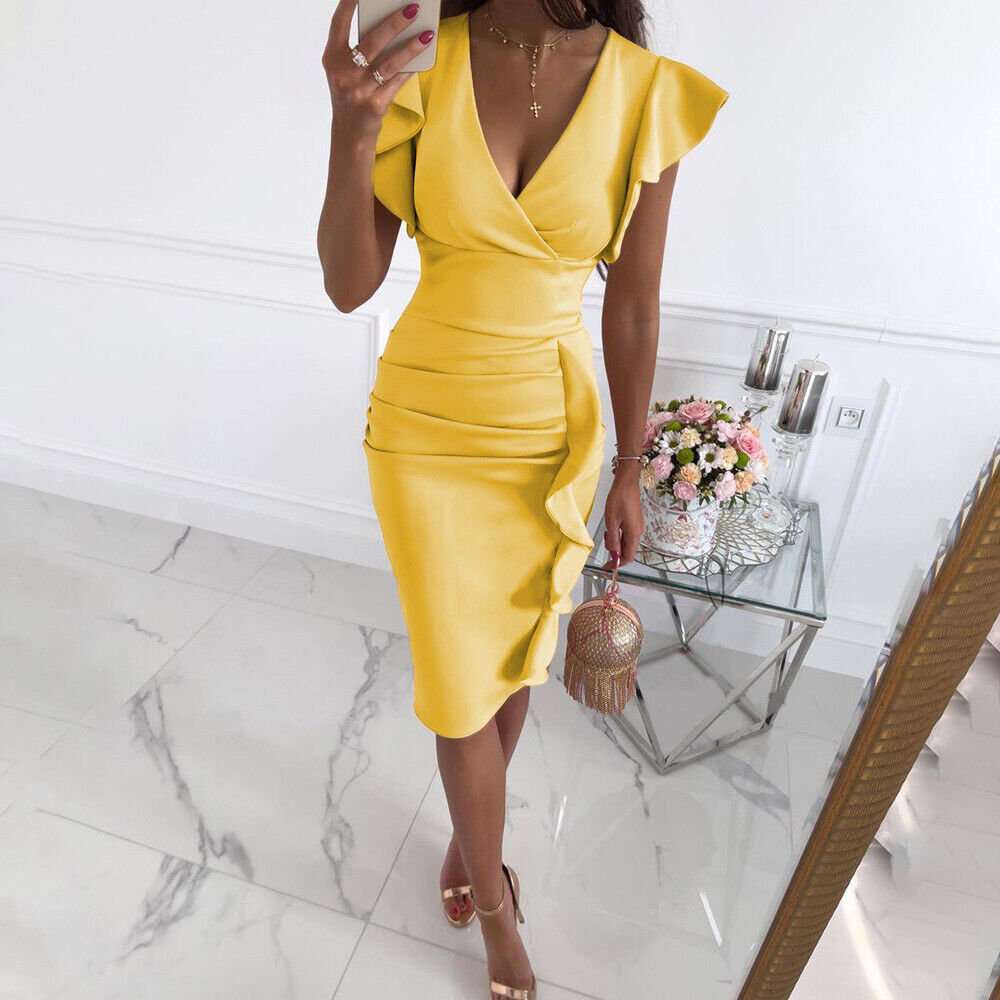 Women's V Neck Bodycon Dress Sexy Sleeveless Midi Ruffle Cocktail Evening Party - Picture 28 of 30