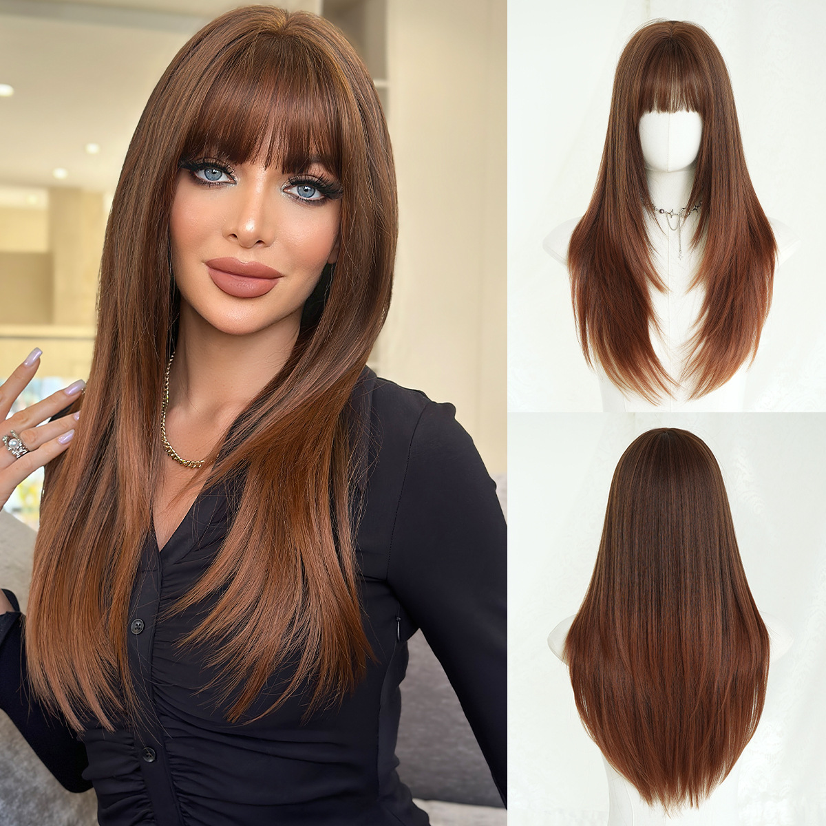Long Hair Simulation Wig Hairstyle with Bangs, Wig for Women, Full Head Cover - Picture 22 of 24