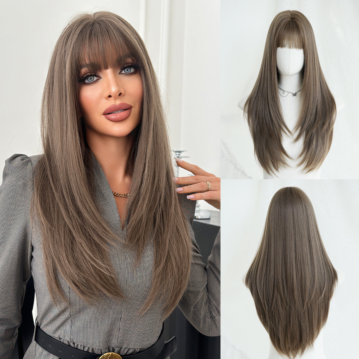 Long Hair Simulation Wig Hairstyle with Bangs, Wig for Women, Full Head Cover - Picture 23 of 24