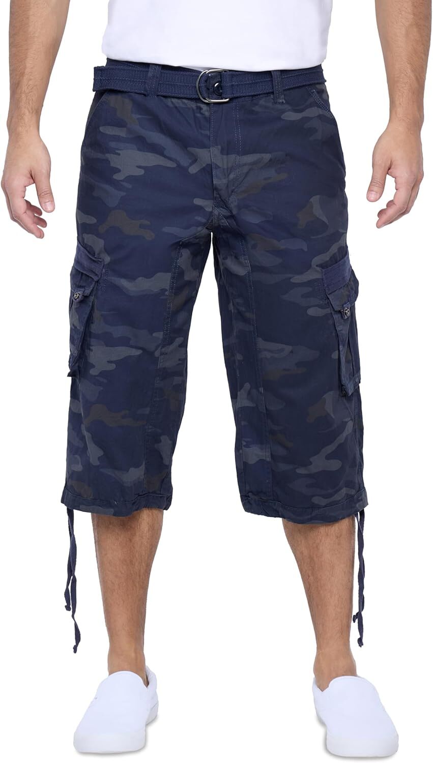 Men's Big and Tall Belted Long Cargo Shorts Below Knee 3/4 Pants - Picture 28 of 54