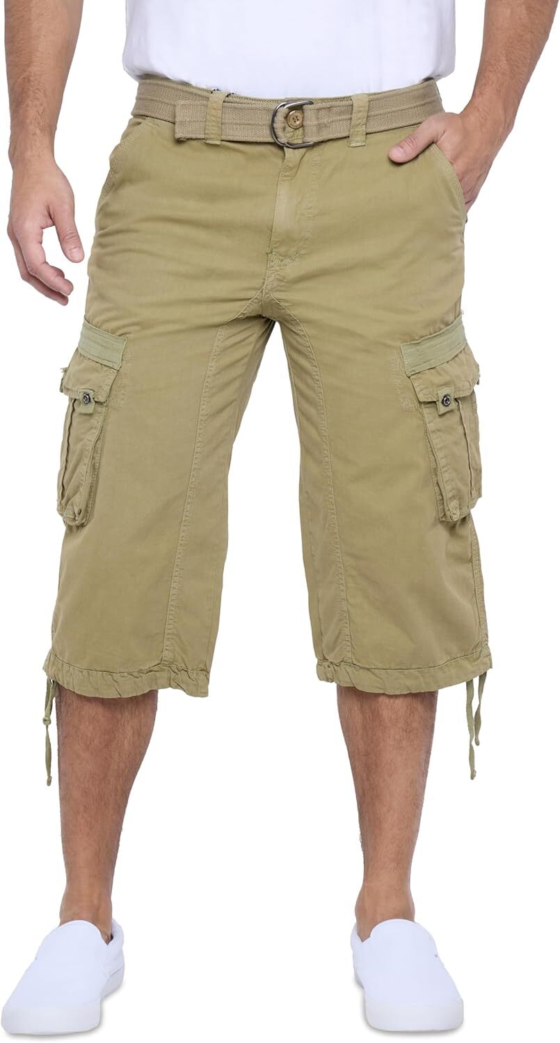 Men's Big and Tall Belted Long Cargo Shorts Below Knee 3/4 Pants - Picture 35 of 54