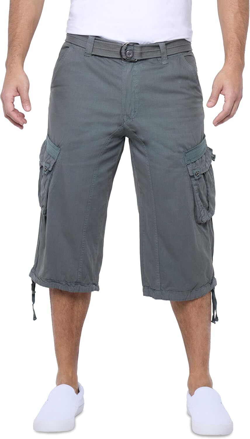 Men's Big and Tall Belted Long Cargo Shorts Below Knee 3/4 Pants - Picture 37 of 54