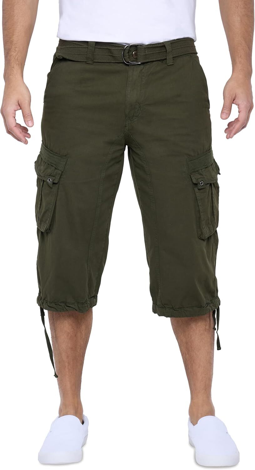 Men's Big and Tall Belted Long Cargo Shorts Below Knee 3/4 Pants - Picture 42 of 54