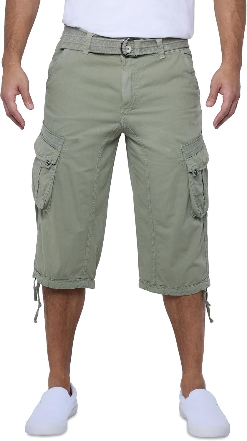 Men's Big and Tall Belted Long Cargo Shorts Below Knee 3/4 Pants - Picture 46 of 54