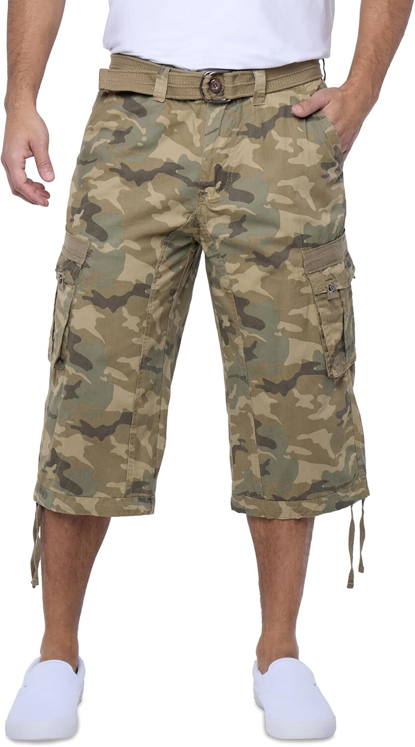 Men's Big and Tall Belted Long Cargo Shorts Below Knee 3/4 Pants - Picture 47 of 54