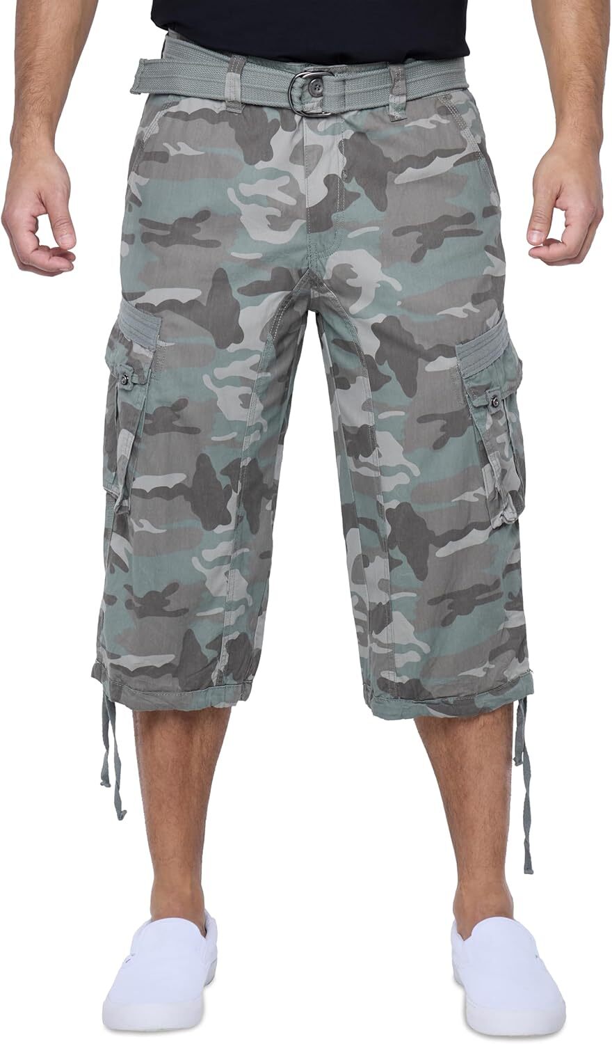 Men's Big and Tall Belted Long Cargo Shorts Below Knee 3/4 Pants - Picture 48 of 54