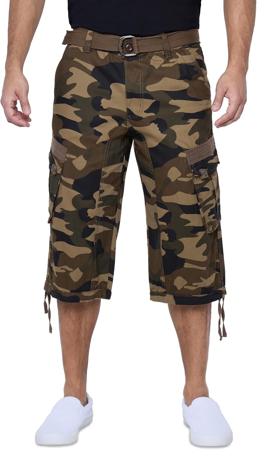 Men's Big and Tall Belted Long Cargo Shorts Below Knee 3/4 Pants - Picture 50 of 54